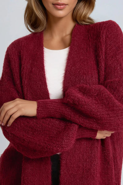 Wine Wool Blend Balloon Sleeve Knitted Cardigan