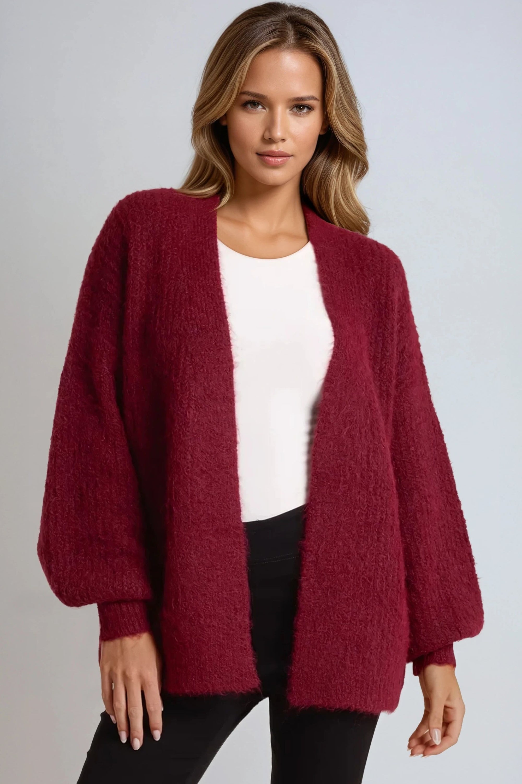 Wine Wool Blend Balloon Sleeve Knitted Cardigan