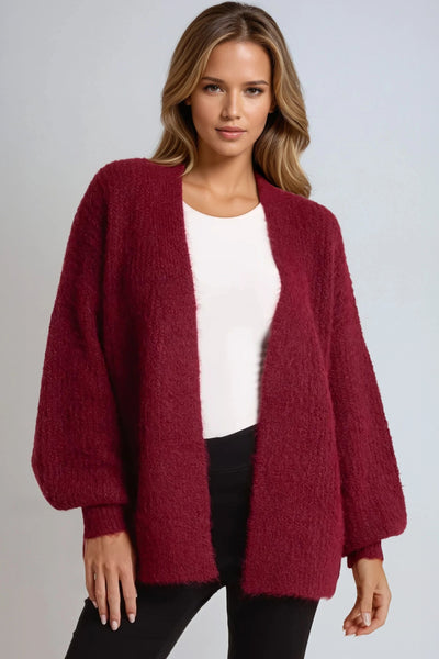 Wine Wool Blend Balloon Sleeve Knitted Cardigan