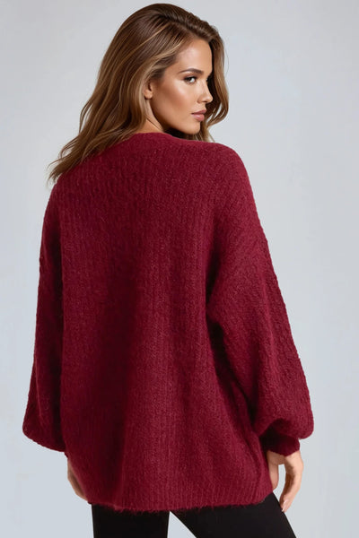 Wine Wool Blend Balloon Sleeve Knitted Cardigan