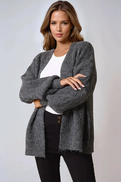 Charcoal Wool Blend Balloon Sleeve Knitted Cardigan
