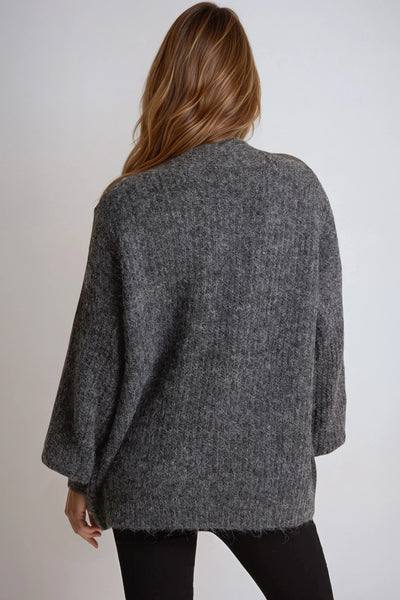 Charcoal Wool Blend Balloon Sleeve Knitted Cardigan