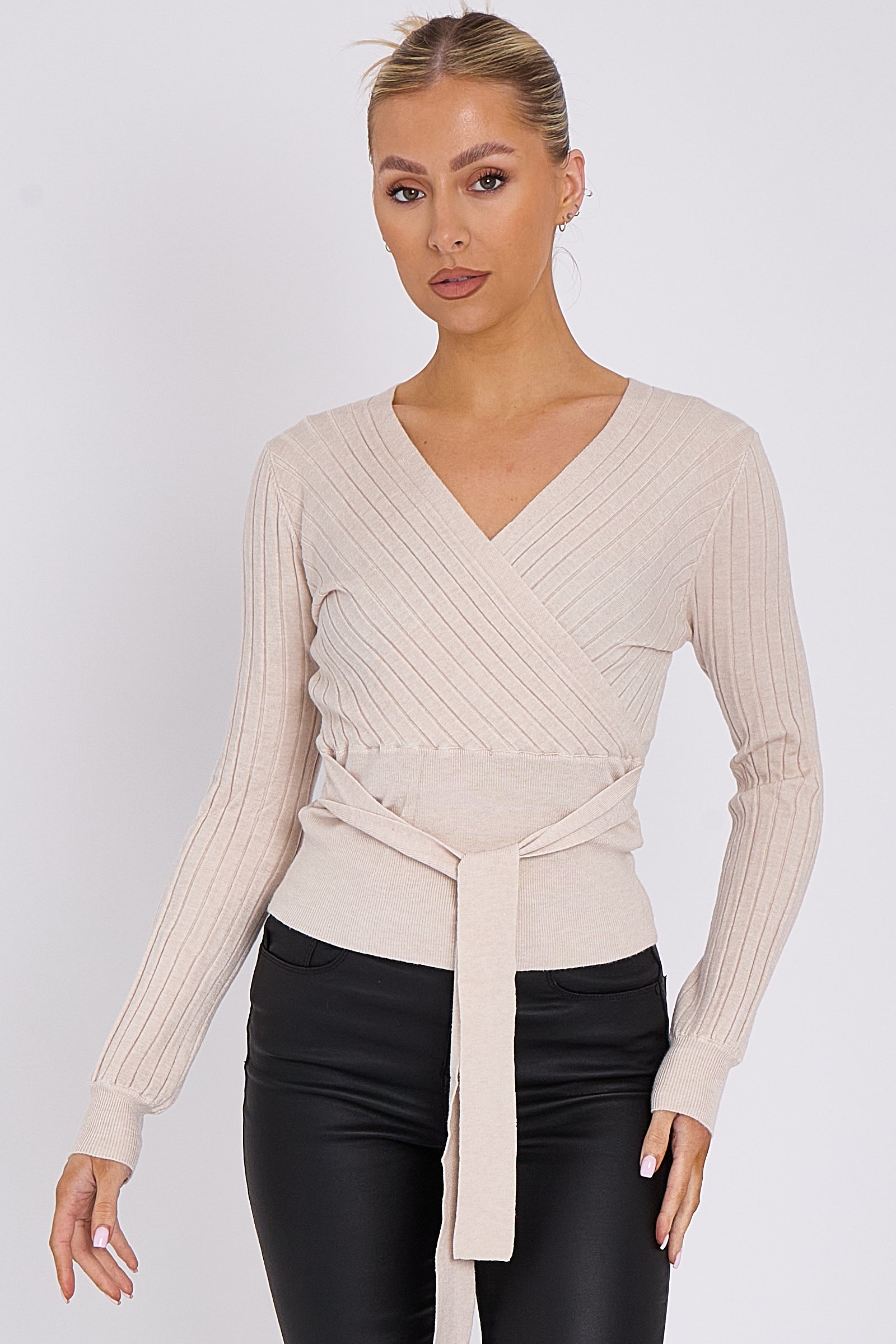 Beige Rib Knit Wrap with Tie Belt