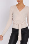 Beige Rib Knit Wrap with Tie Belt