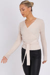 Beige Rib Knit Wrap with Tie Belt