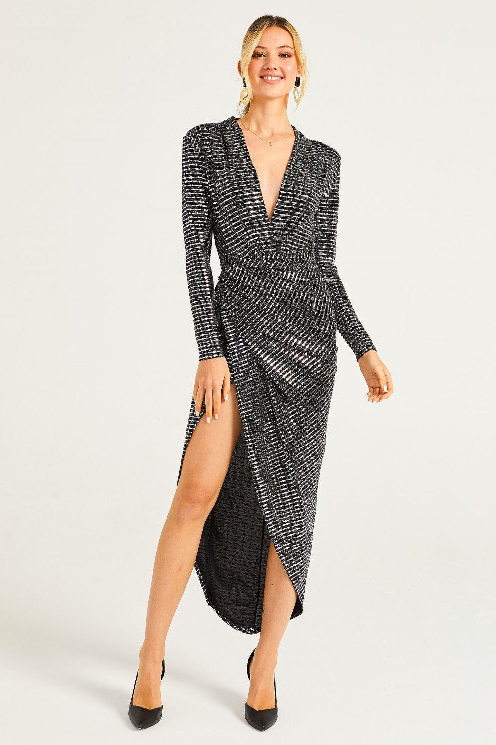 Black Silver Wrap Midi Cocktail Dress