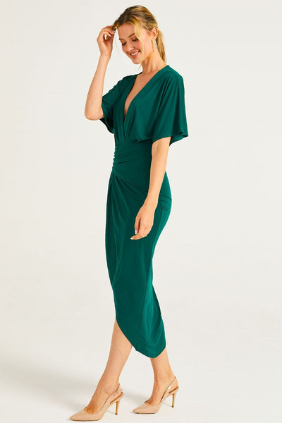 Green Wrap Midi Dress with Flutter Sleeves