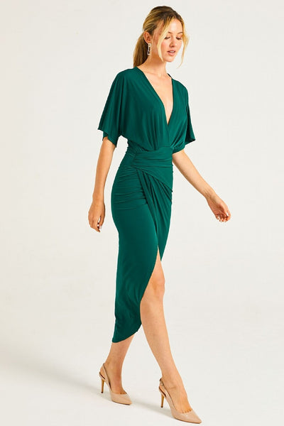 Green Wrap Midi Dress with Flutter Sleeves