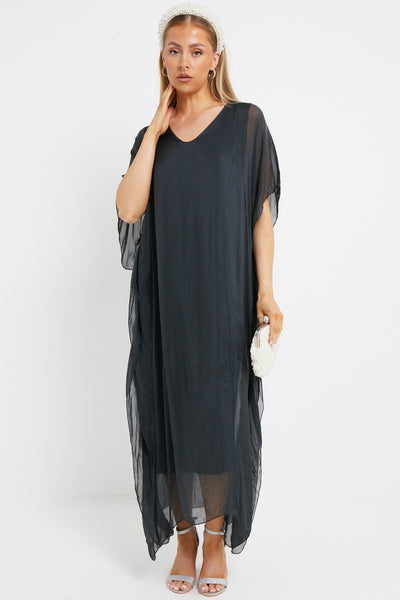 Charcoal Silk Maxi Kaftan Dress