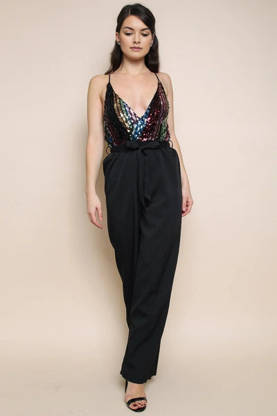Black Combined Sequin Jumpsuit