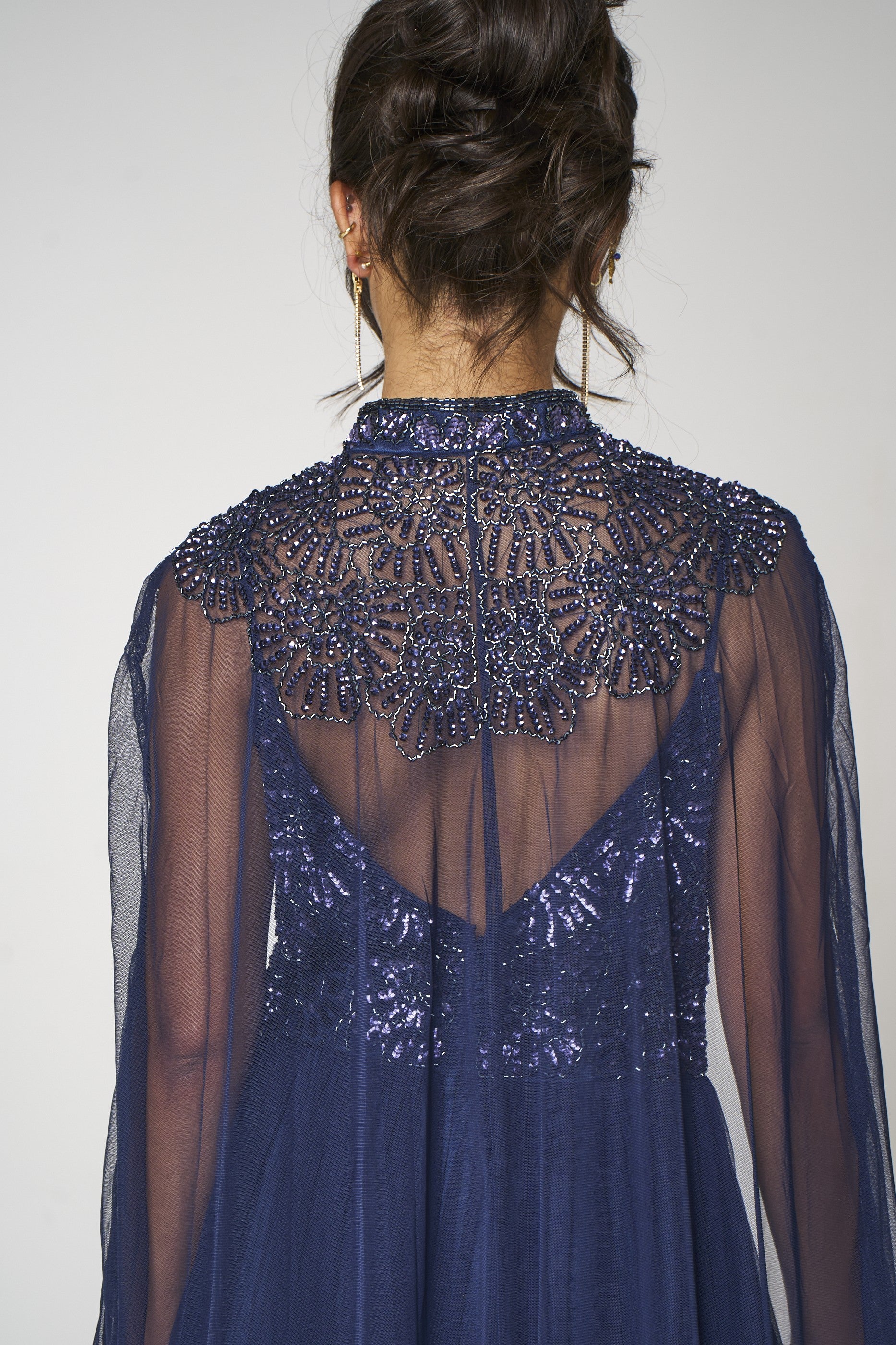 Navy Embellished Strappy Maxi Evening Dress with Detachable Cape