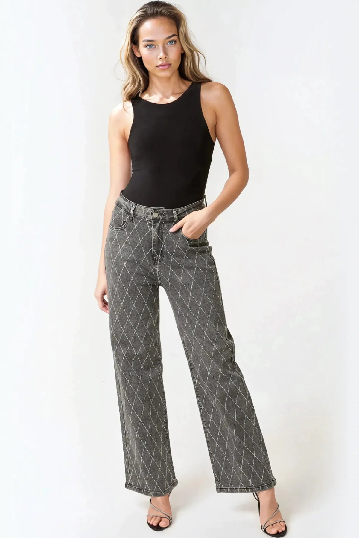 Black Wash Diamond Embellished Straight Leg Jeans
