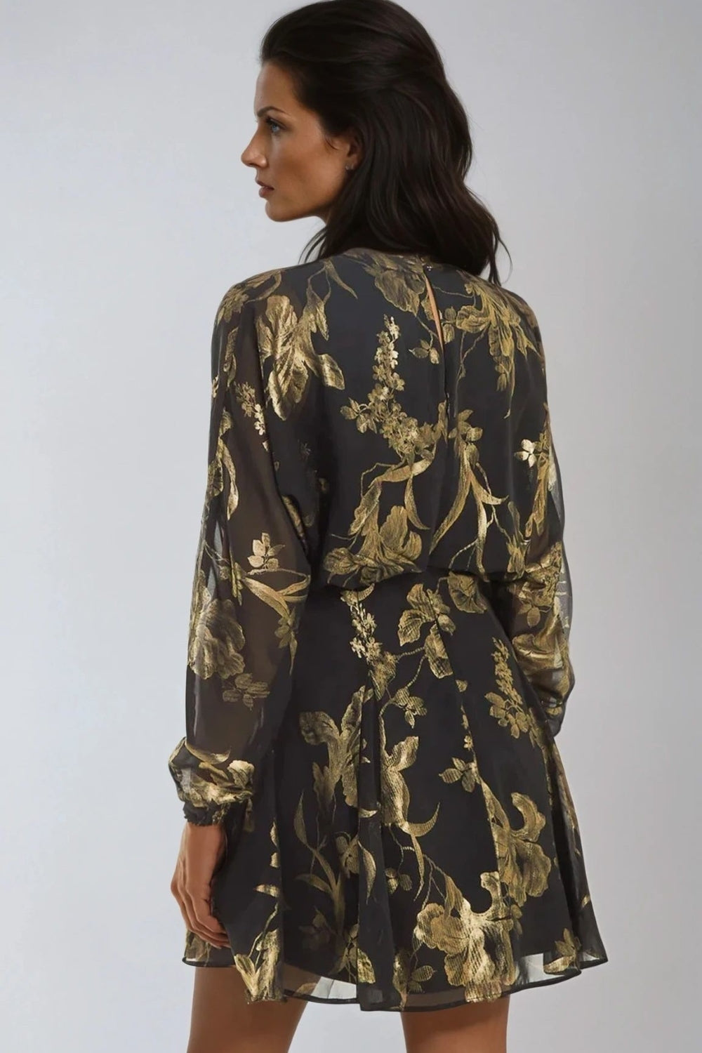 Black Gold Keyhole Foil Floral Detail Mini Dress