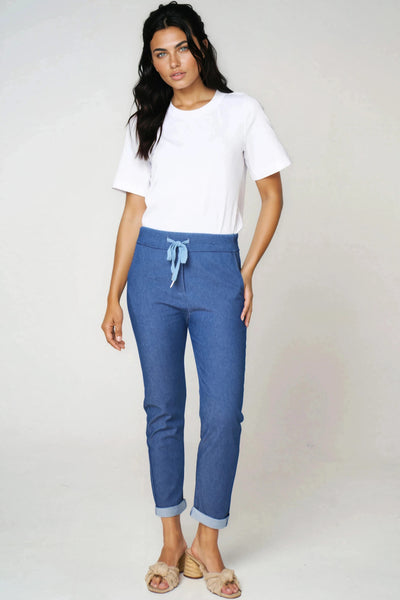 Denim Blue Stretch Drawstring Trousers