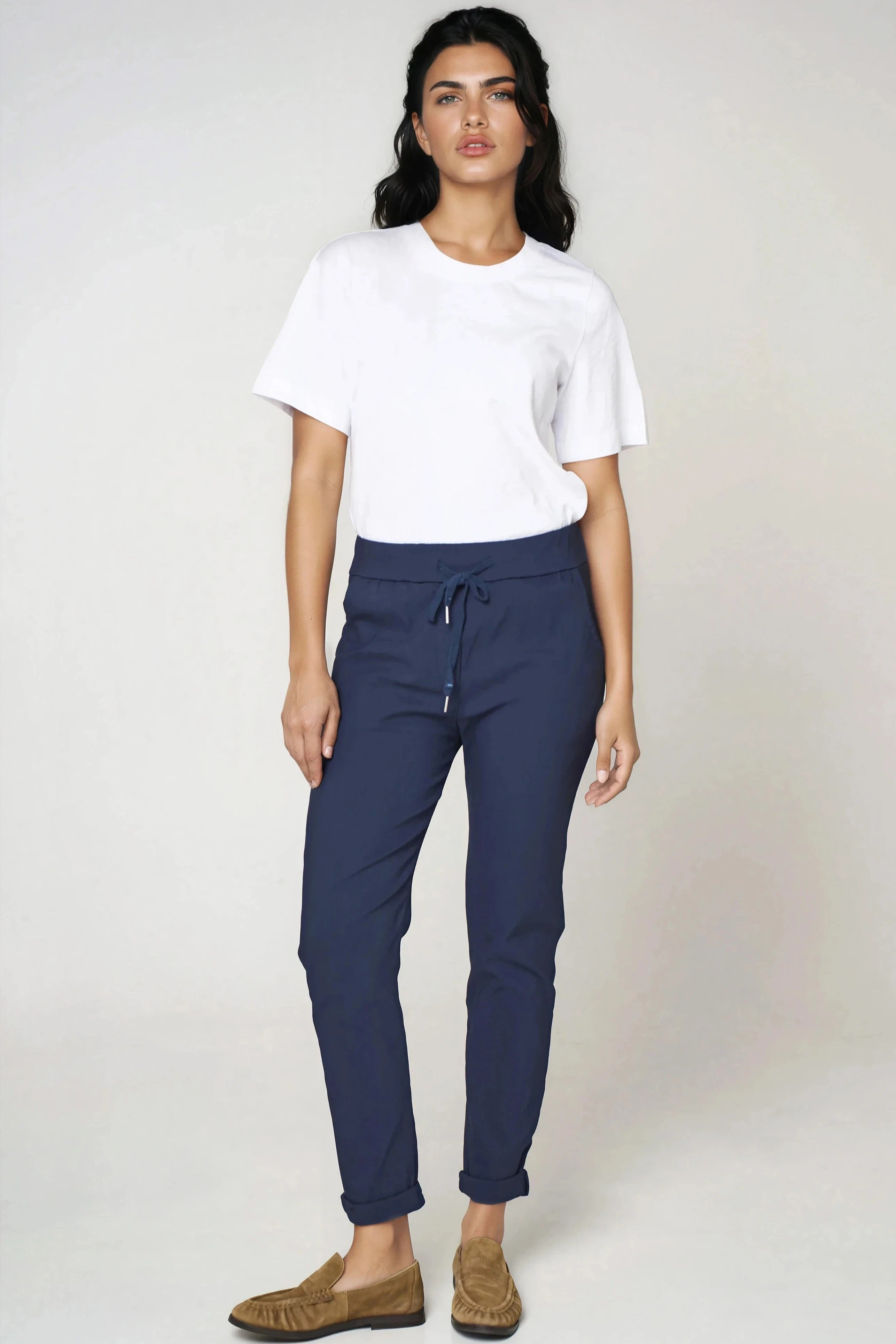 Navy Stretch Drawstring Trousers