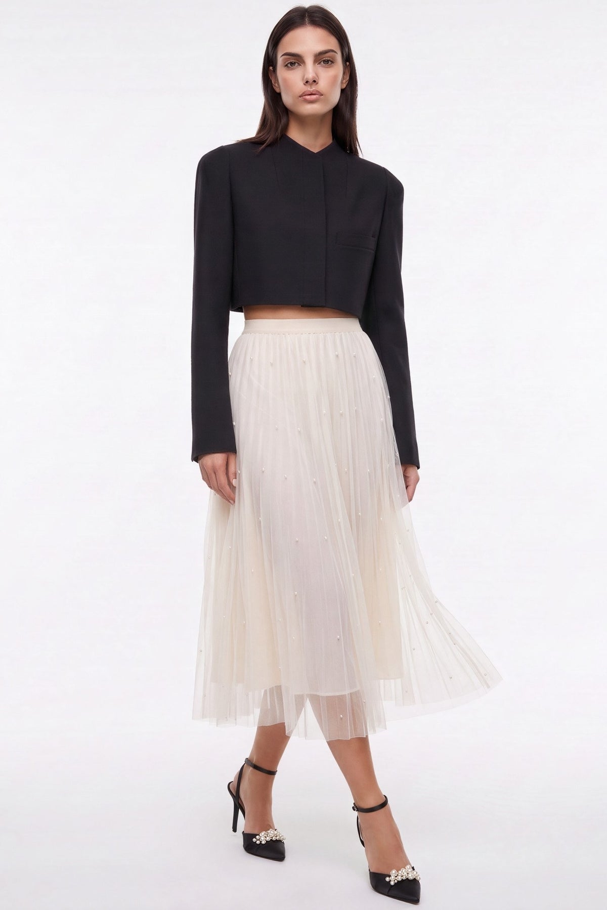 Ivory Pearl Embellished Mesh A‑Line Midi Skirt