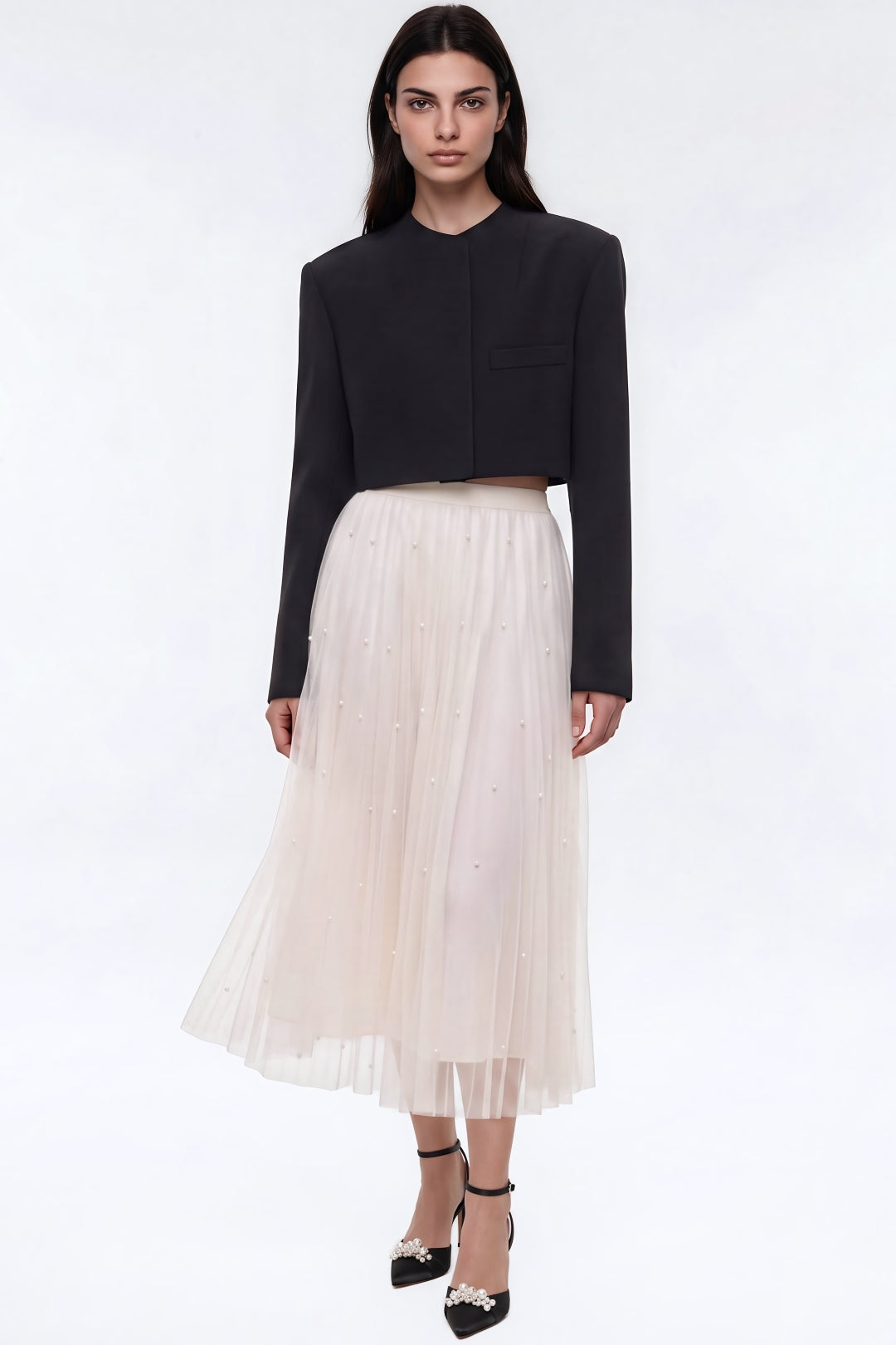 Ivory Pearl Embellished Mesh A‑Line Midi Skirt