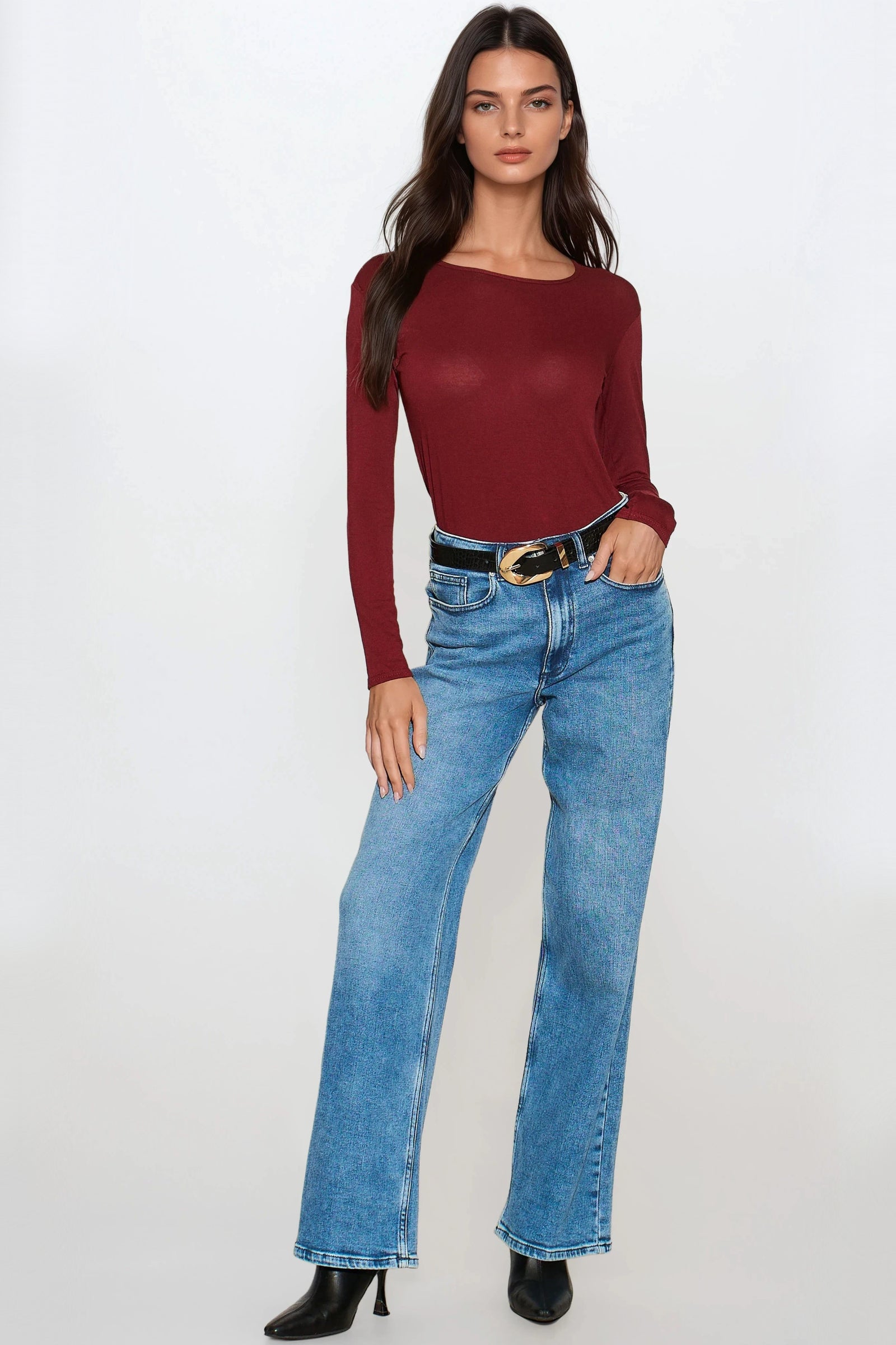 Burgundy Round Neck Long Sleeve Top