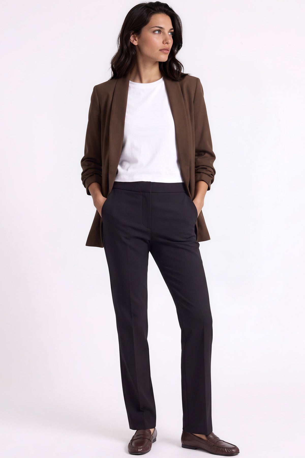 Brown Blazer with Ruched Sleeves