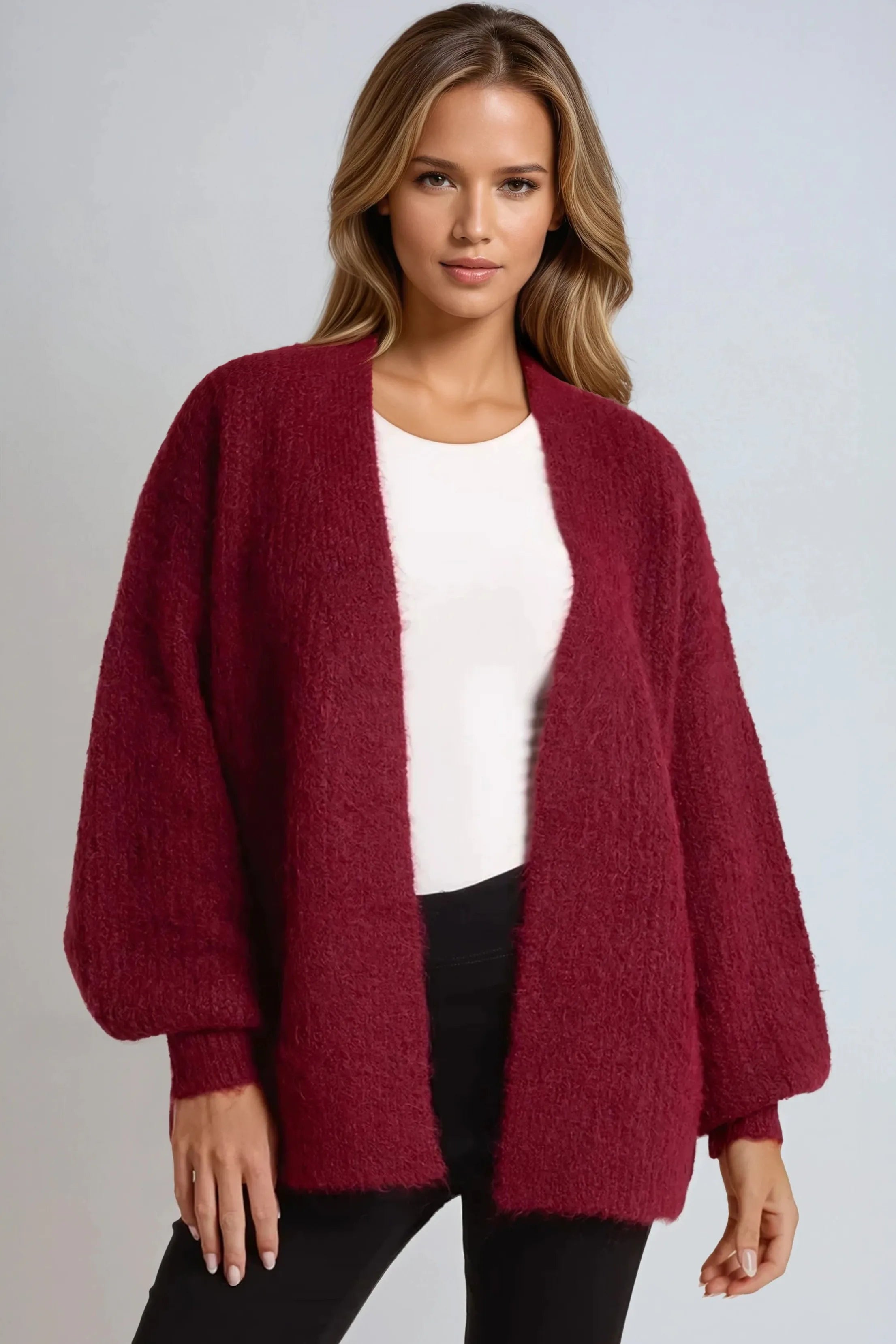 Wine Wool Blend Balloon Sleeve Knitted Cardigan