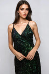 Mini-robe portefeuille verte en velours à sequins