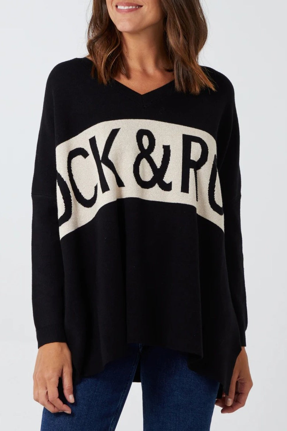 Black Rock Roll Metallic Jacquard V Neck Jumper Aftershock London