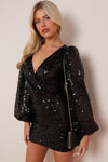 Black Sequin V-Neck Long Sleeve Bodycon Dress