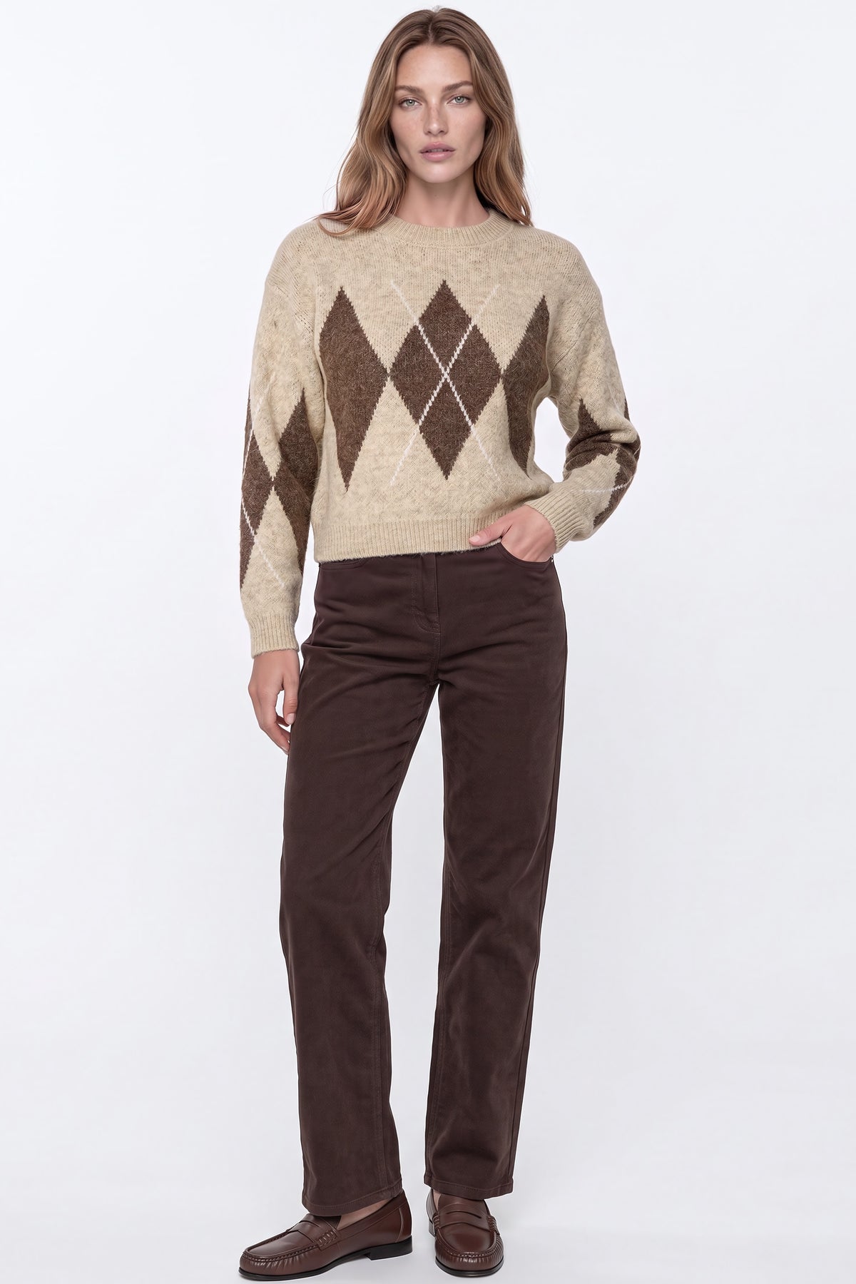Beige Argyle Pattern Wool Blend Knit Jumper