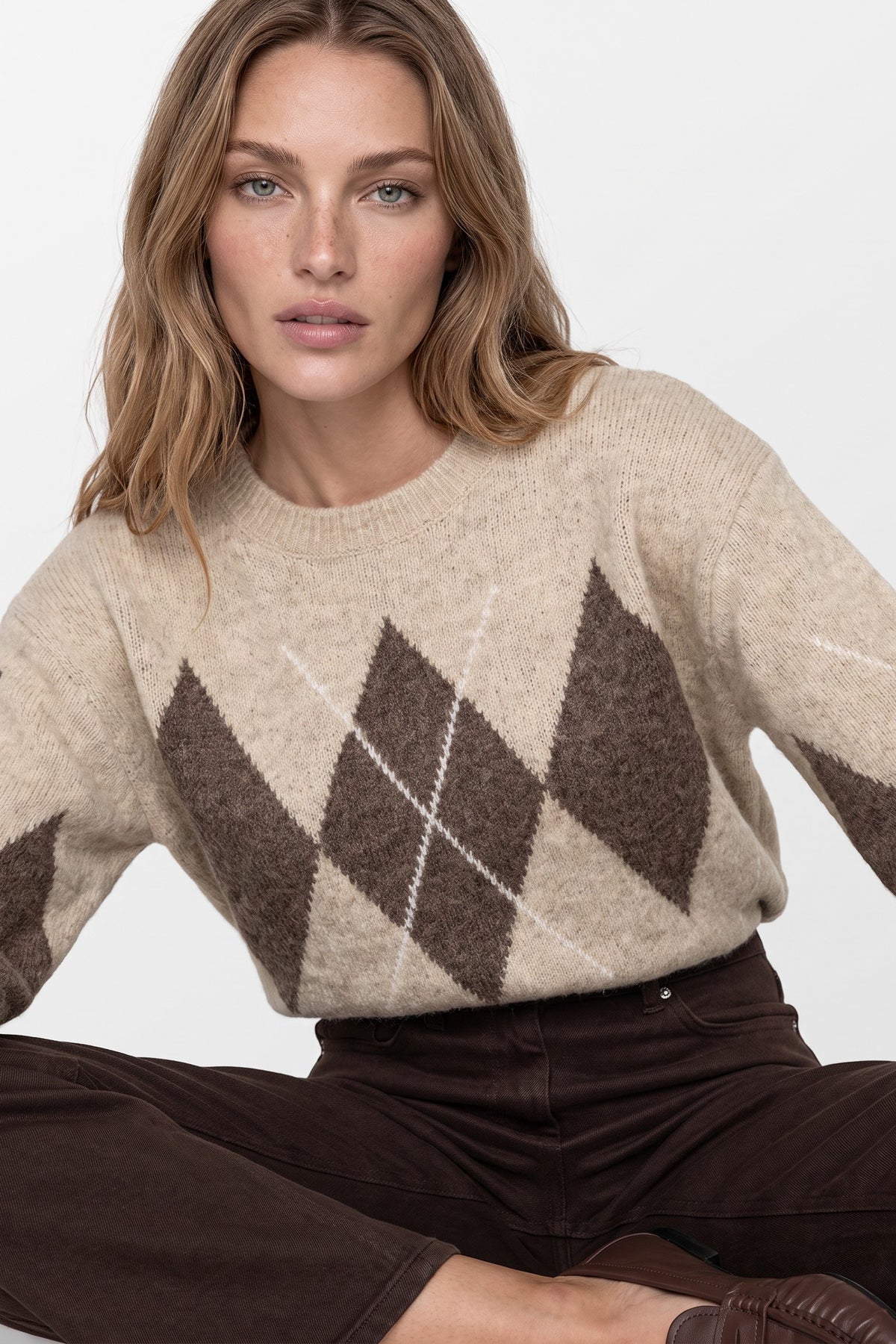 Beige Argyle Pattern Wool Blend Knit Jumper