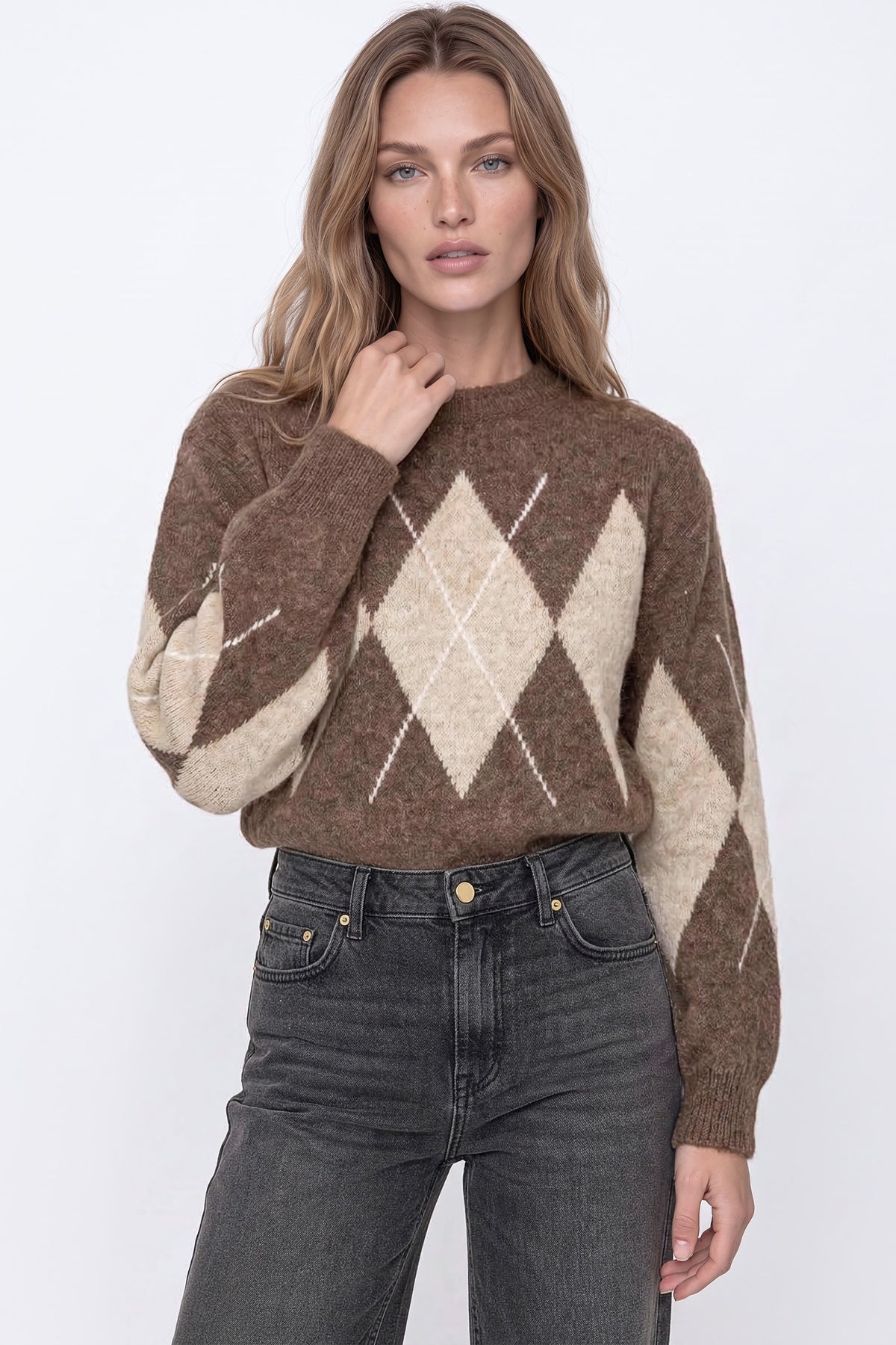 Brown Argyle Pattern Wool Blend Knit Jumper