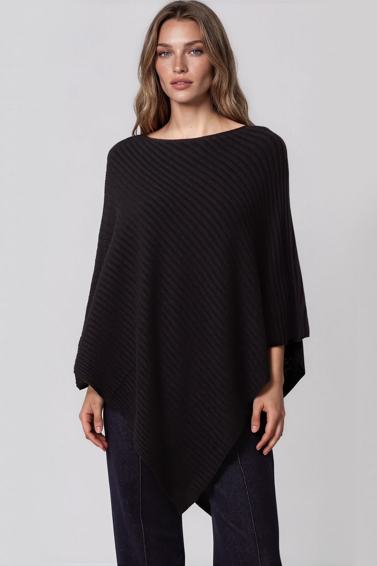 Black Asymmetric Ribbed Knit Poncho