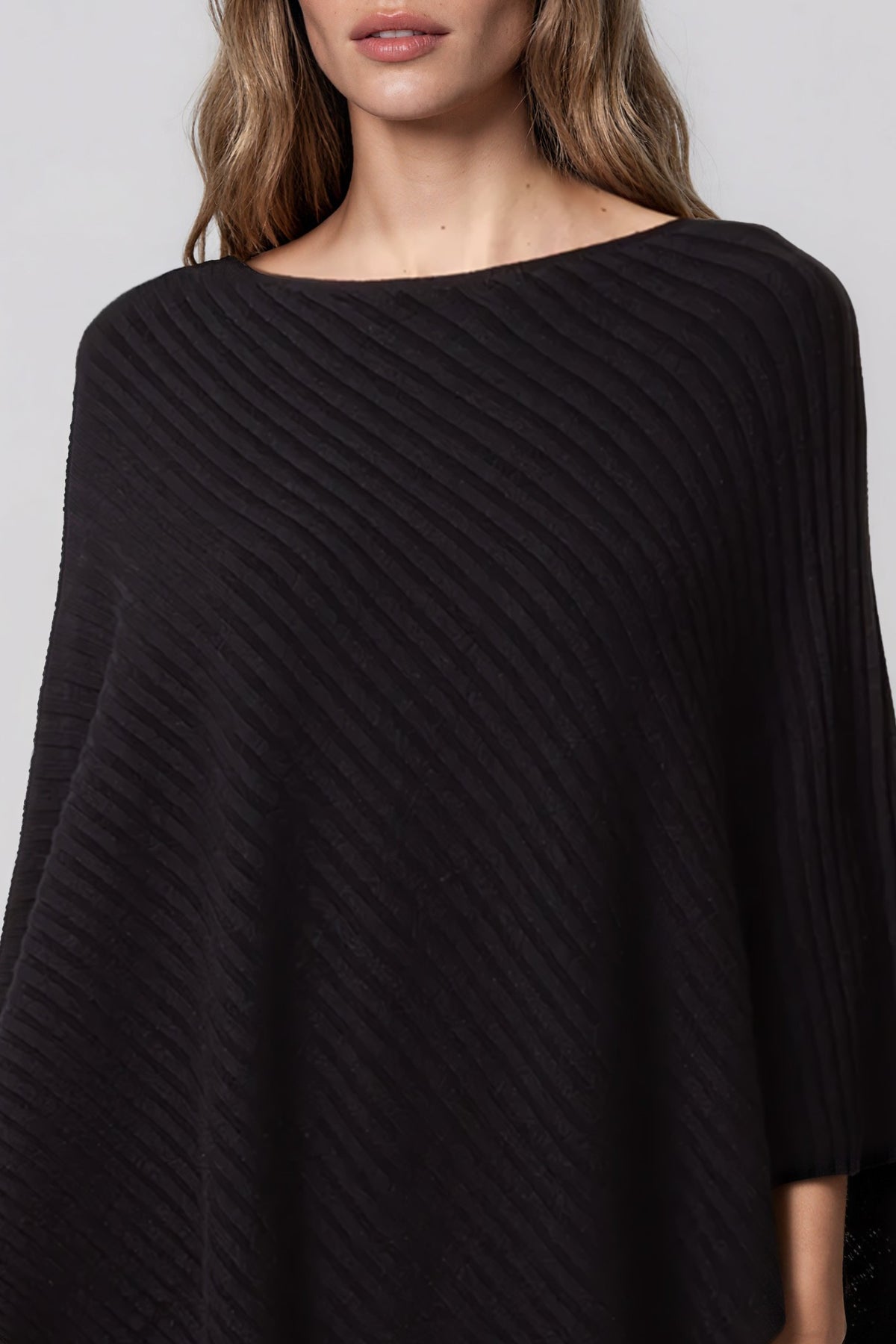 Black Asymmetric Ribbed Knit Poncho