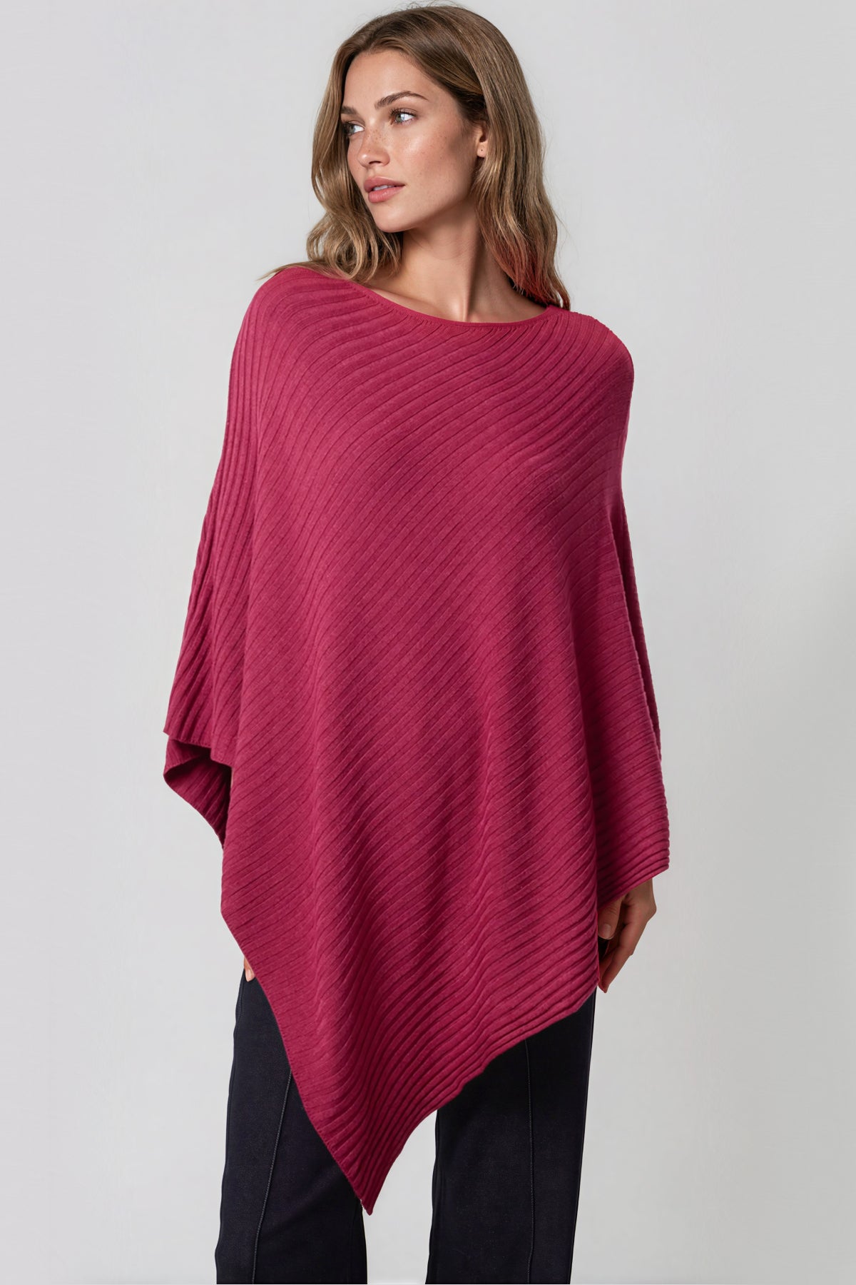 Wine Asymmetric Ribbed Knit Poncho