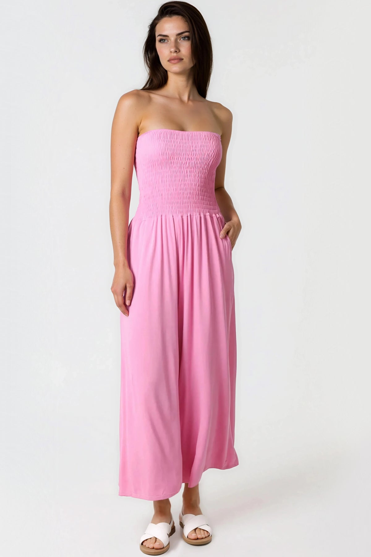 Pink Bandeau Shirred Jumpsuit