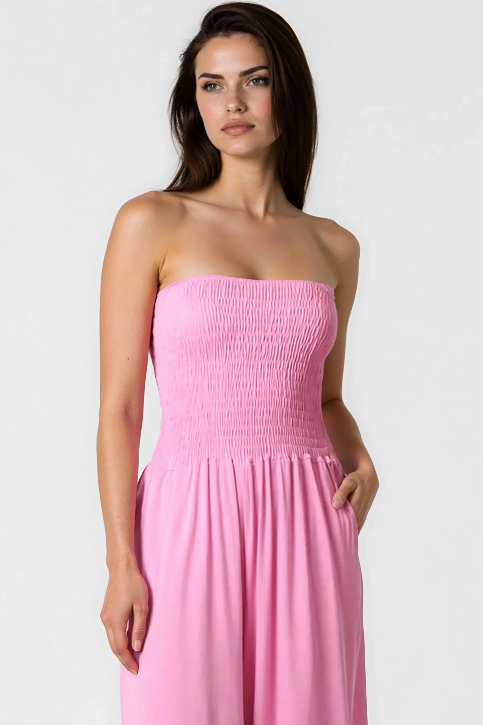 Pink Bandeau Shirred Jumpsuit
