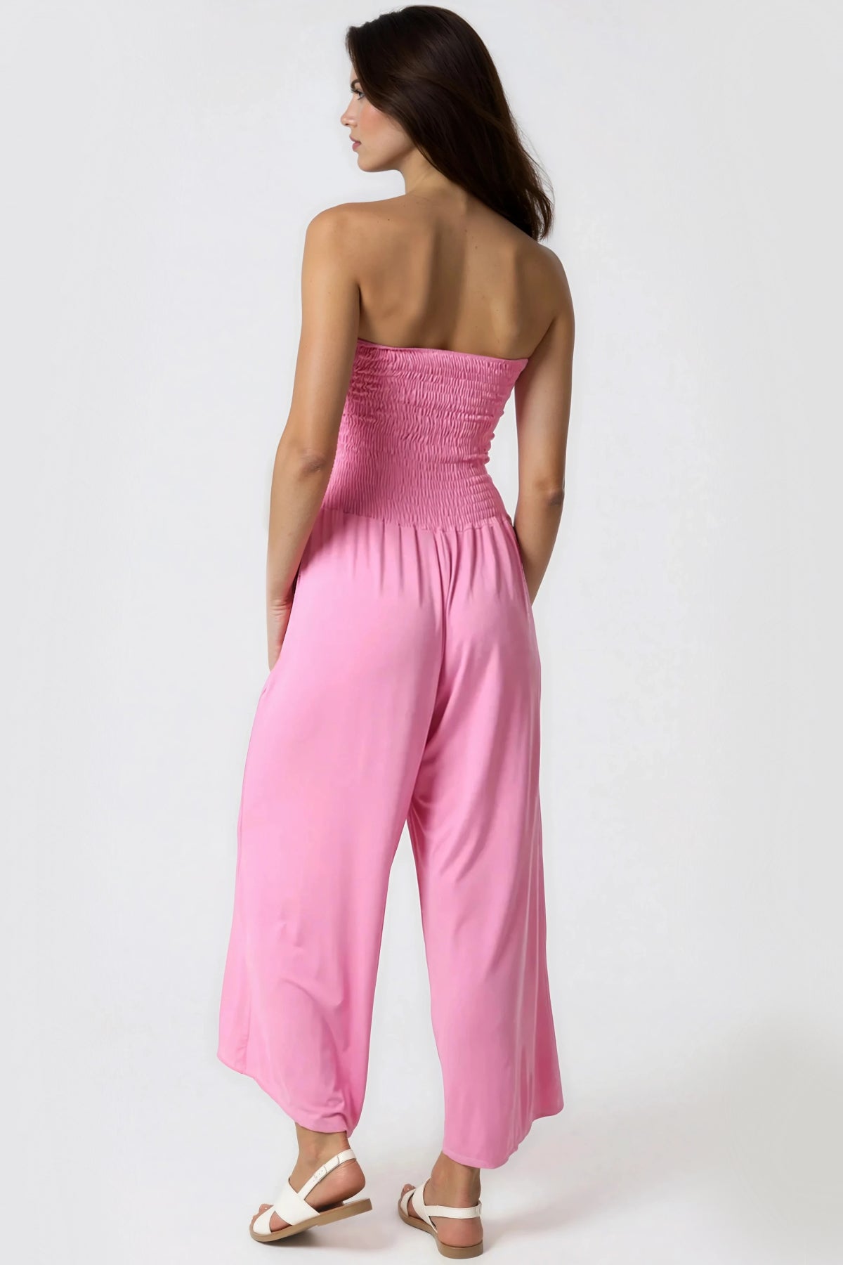 Pink Bandeau Shirred Jumpsuit