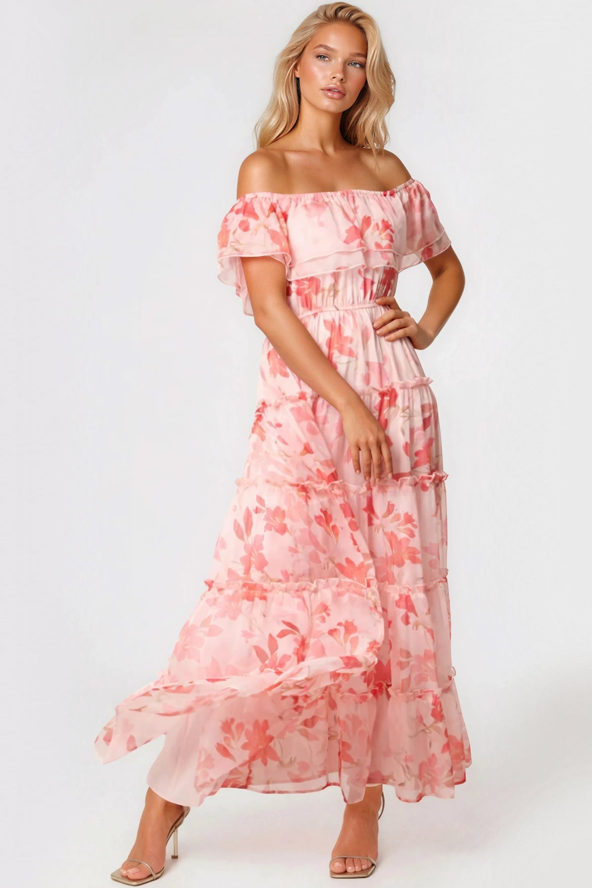 Pink Floral Bardot Tiered Maxi Dress