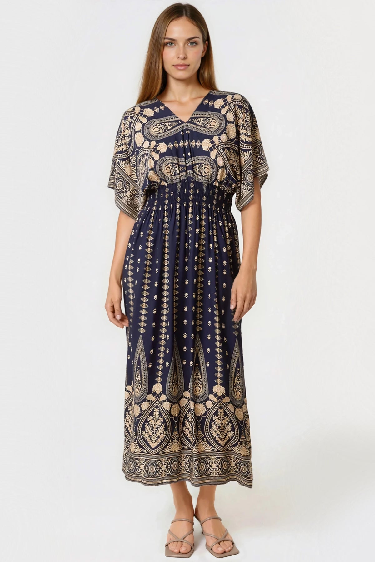 Navy Shirred Kimono Maxi Dress