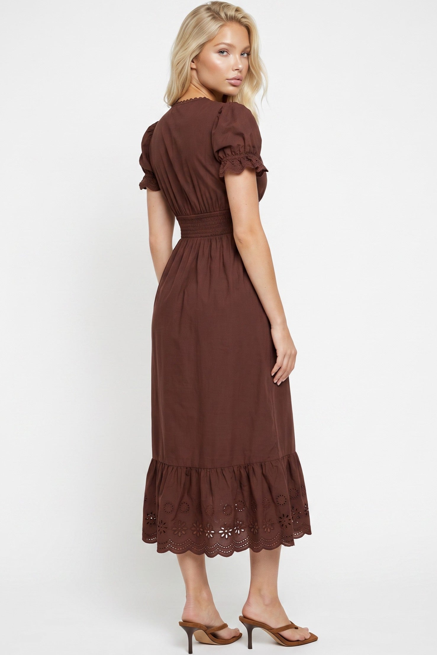 Brown Broderie Anglaise V-Neck Cotton Midi Dress