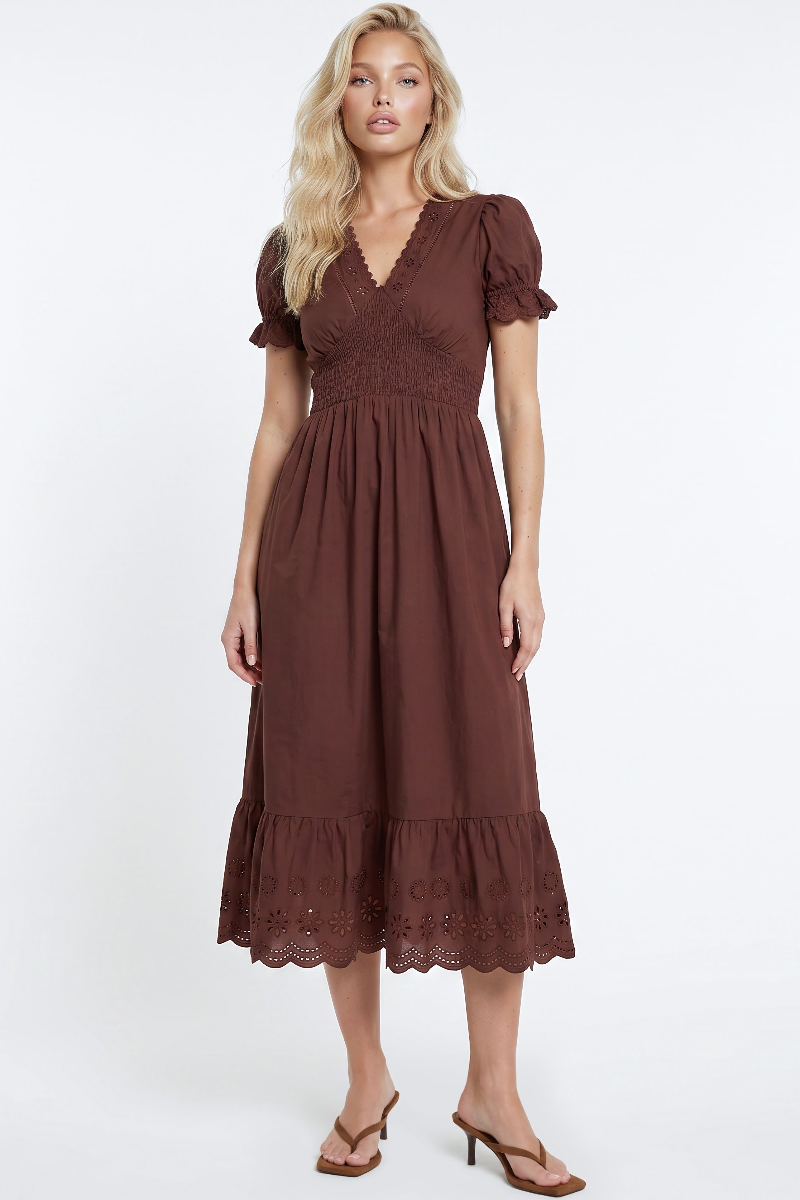 Brown Broderie Anglaise V-Neck Cotton Midi Dress