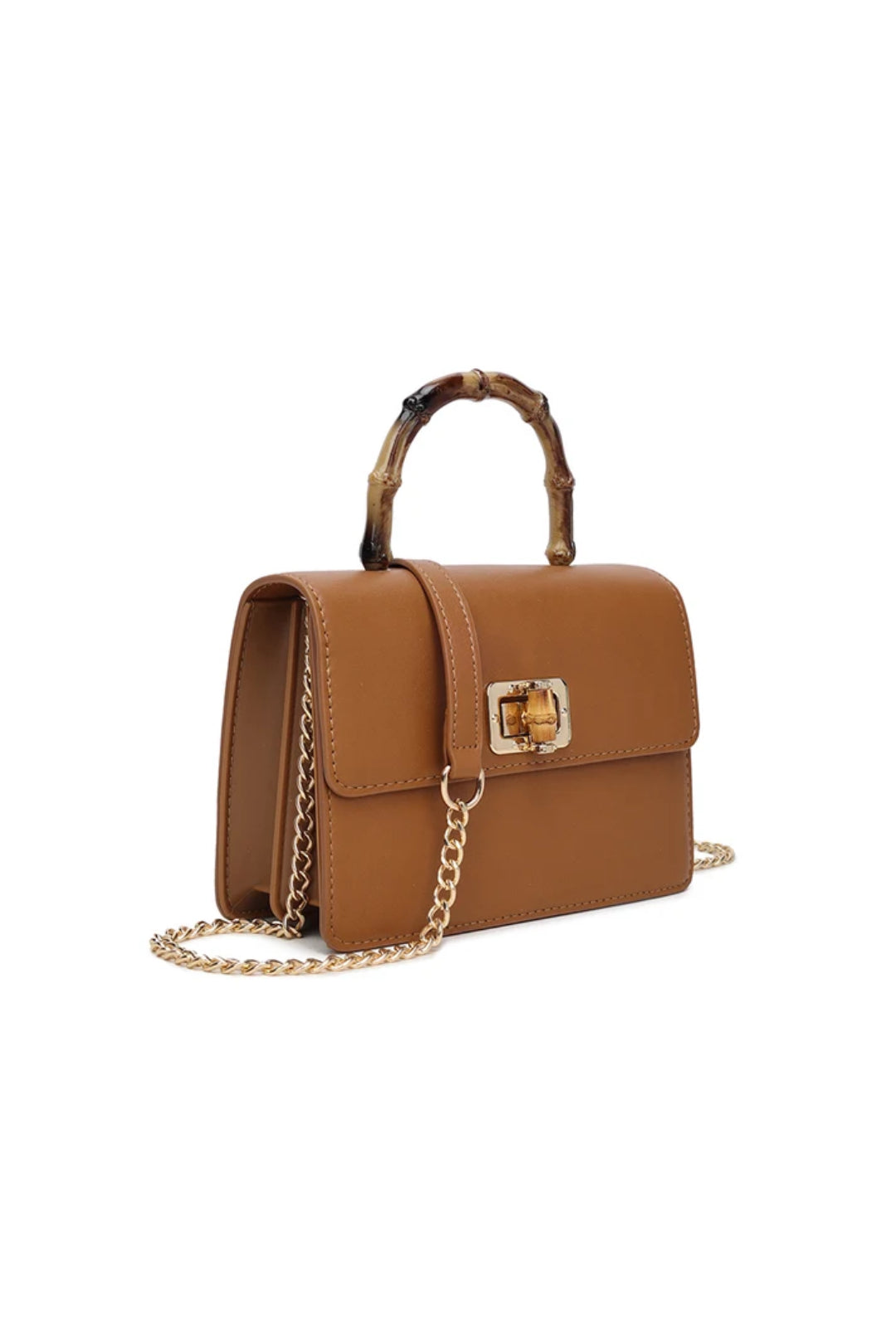 Brown Faux Leather Crossbody Bag with Bamboo Top Handle