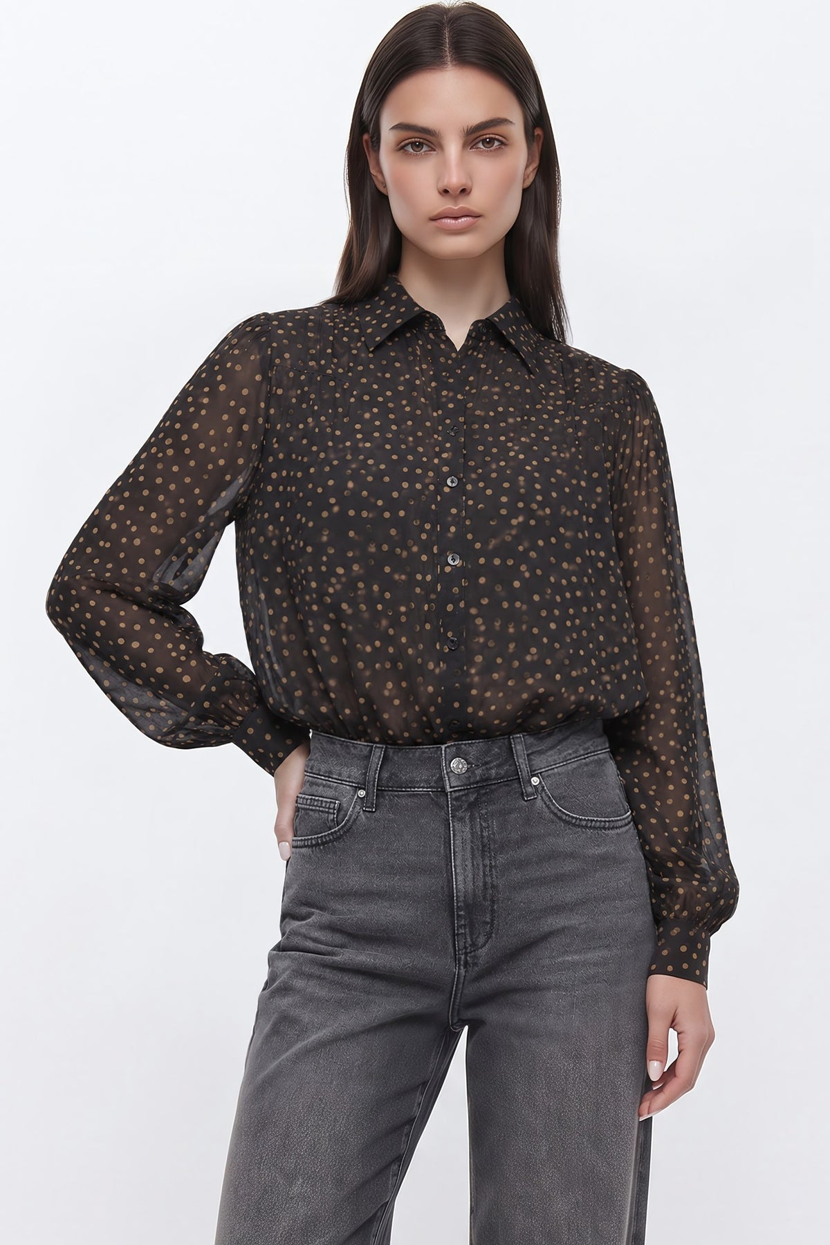 Black Polkadot Bubble Hem Blouse