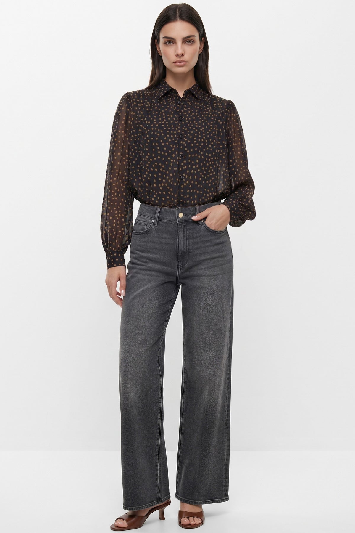 Black Polkadot Bubble Hem Blouse