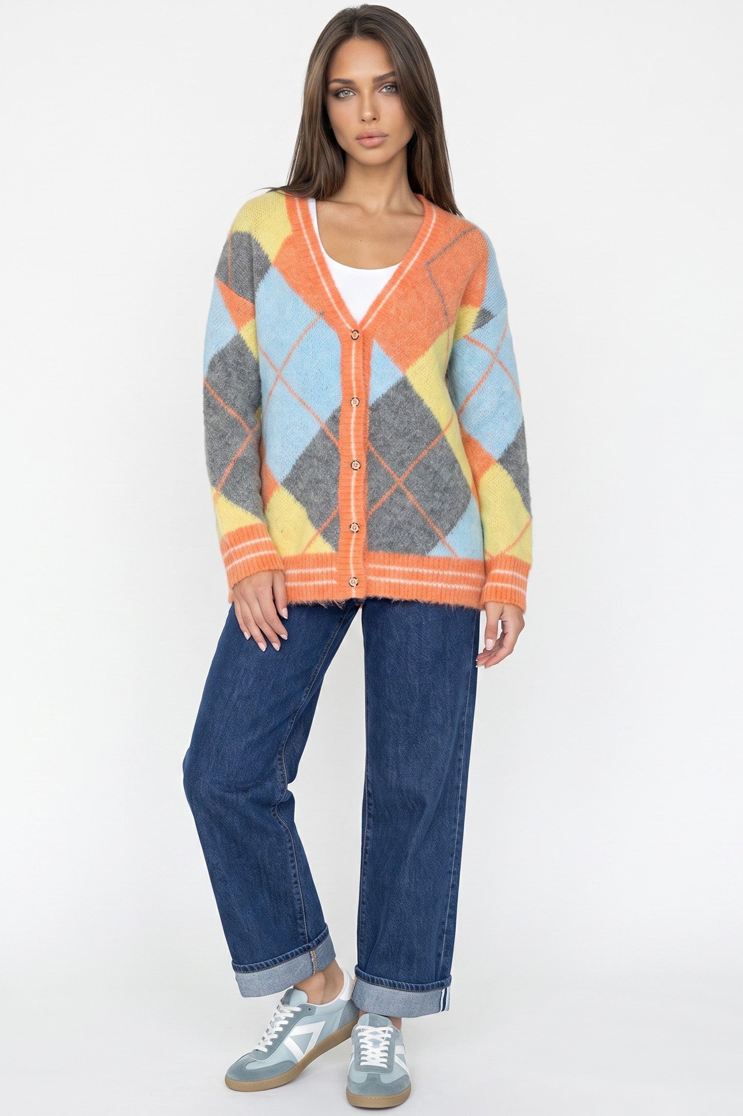 Orange Argyle Wool‑Blend Knit Cardigan