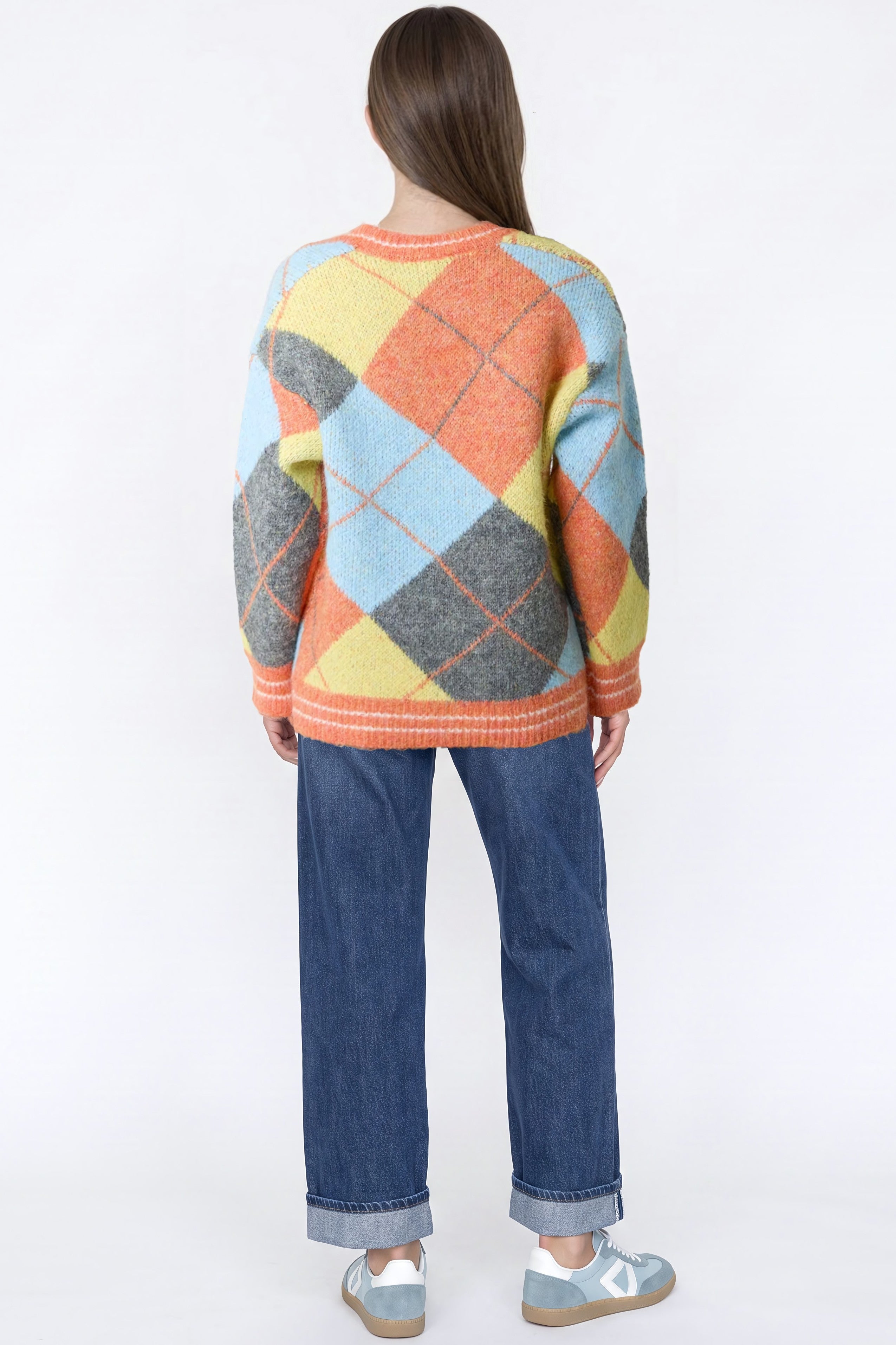 Orange Argyle Wool‑Blend Knit Cardigan