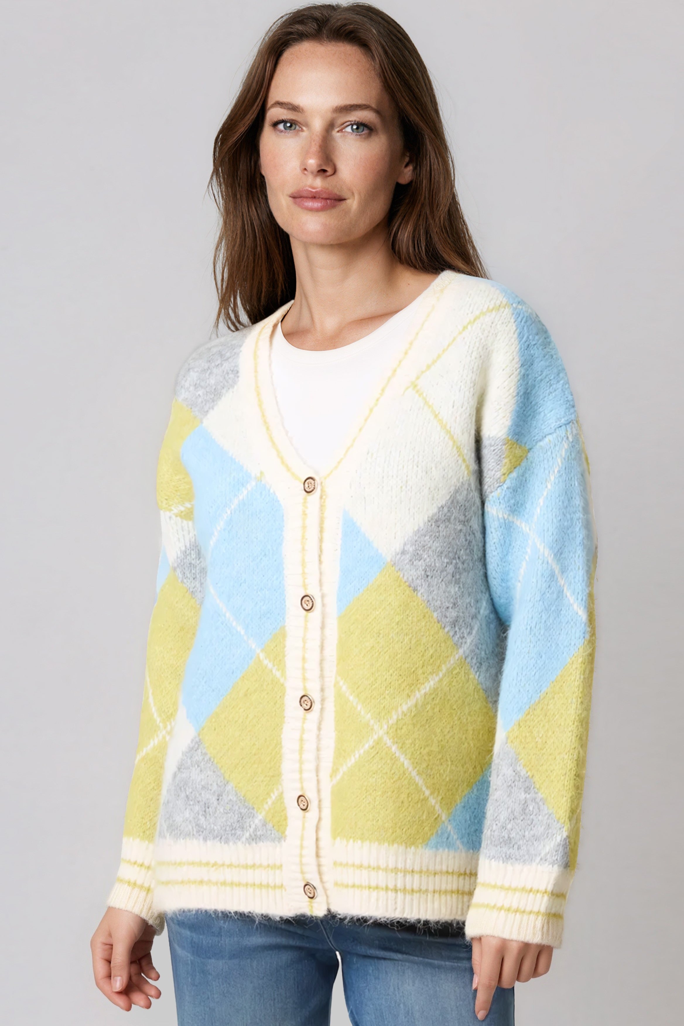 Lime Argyle Wool‑Blend Knit Cardigan