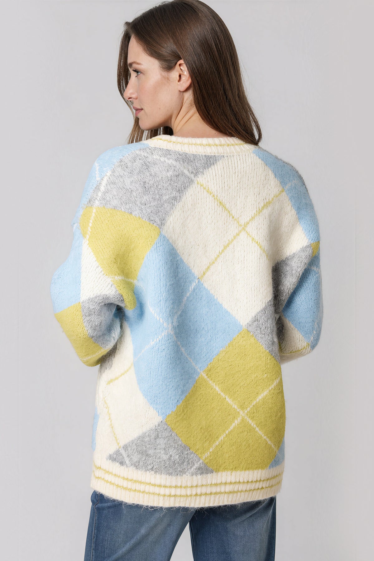 Lime Argyle Wool‑Blend Knit Cardigan