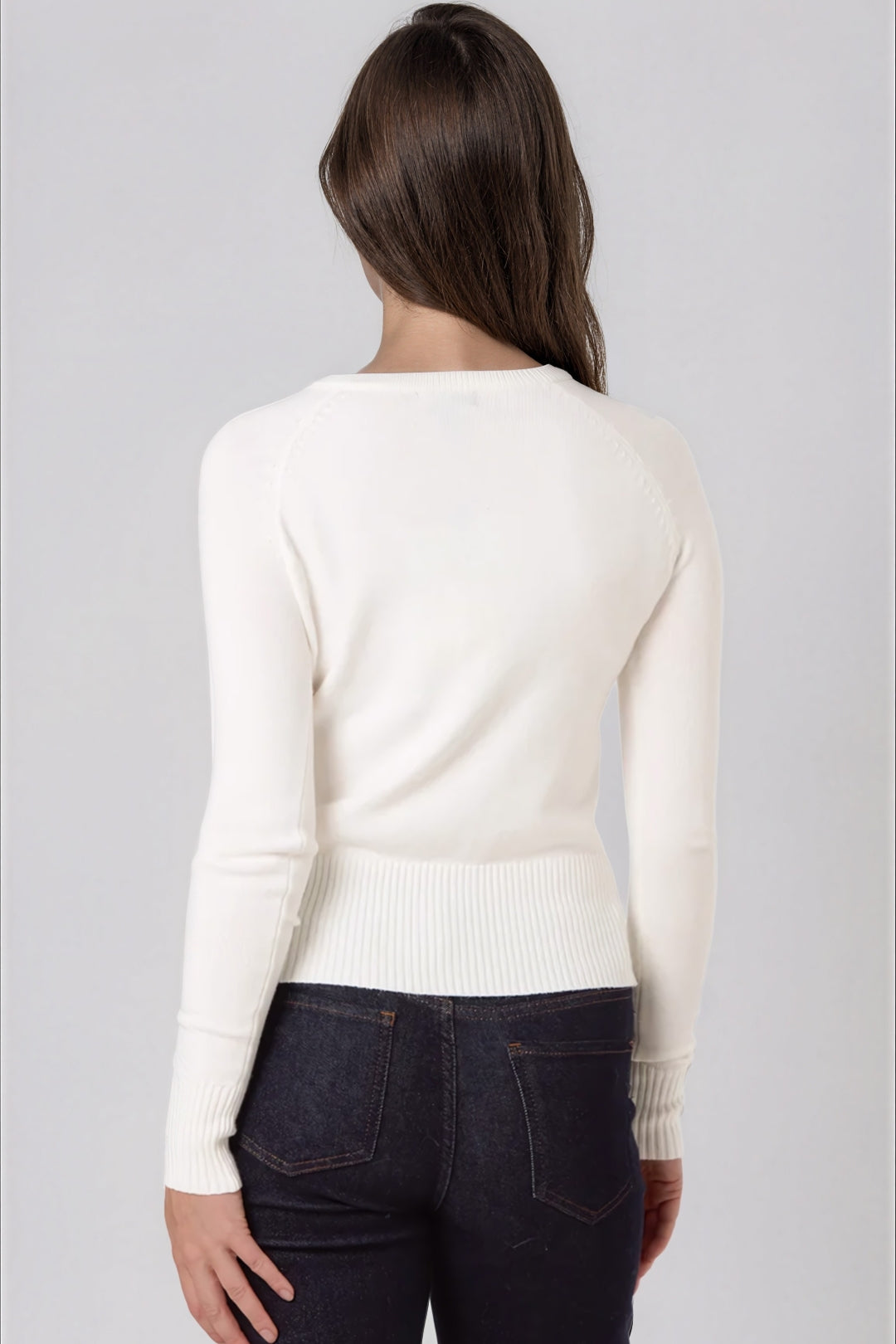 Ivory Fine Knit Crew Neck Cardigan