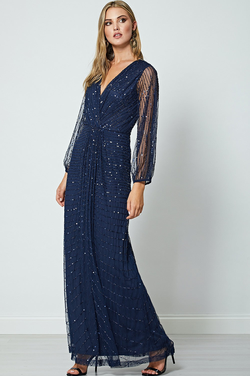 Daisianne Navy Sequin Long Sleeve Wrap Maxi Dress