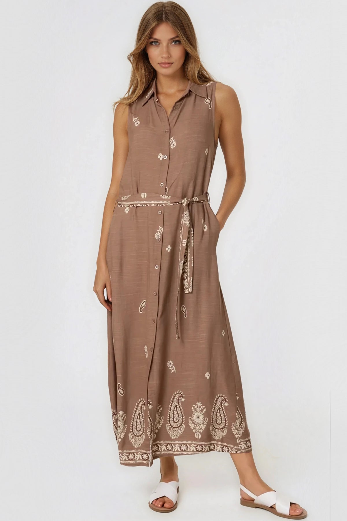 Brown Embroidered Buttoned Front Maxi Dress